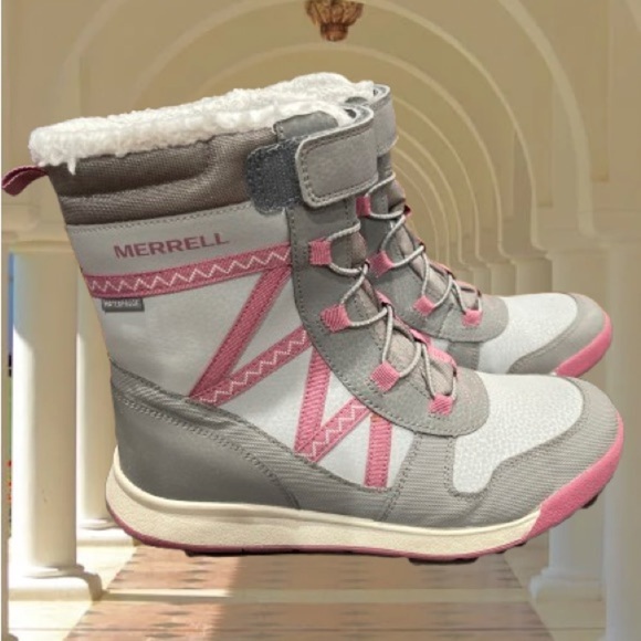 Merrell Gray and Pink Snow Crush 2.0 Waterproof Boots - Kids size 4 EUC - Picture 1 of 10